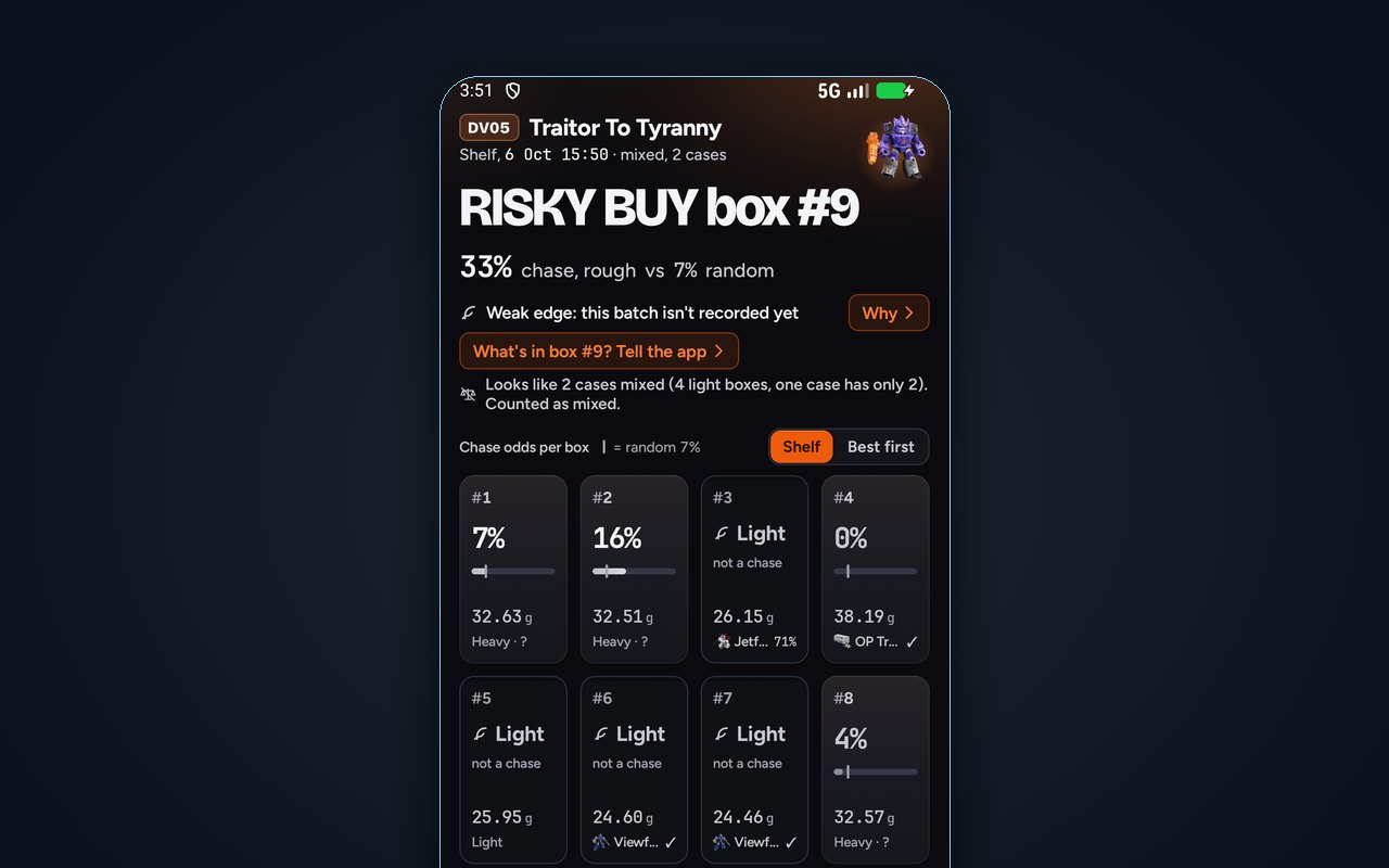 Blokees Hunter app showing per-box odds