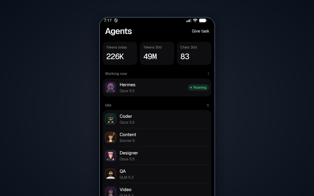 Hermes Mobile agents screen showing the bot fleet