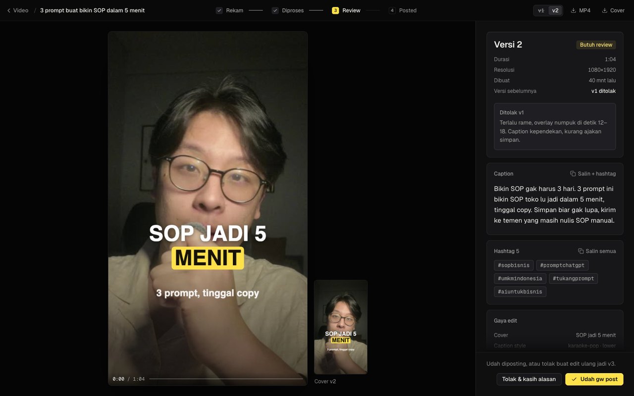 Reel Studio review screen with rendered vertical video